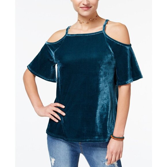 Ultra Flirt Juniors' Velvet Cold-Shoulder Top,  Deep Teal, Sz. M - Picture 1 of 3